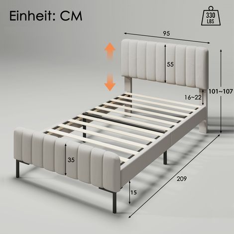 Lit 1 place 90x200 cm avec sommier et tête de lit réglable, cadre matelassé gris-beige en lin, chambre adulte ou invités, matelas inclus (1/5)
