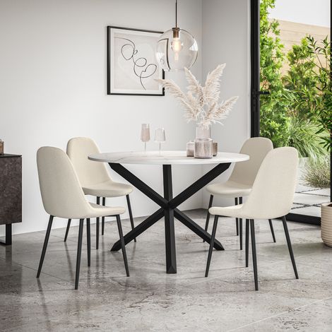 Malvern Round Dining Table And Chairs -  Marble Table Top w Solid Oak Black Legs + Maya Boucle Dining Chair Set Of 4 (Ivory White) (1/5)