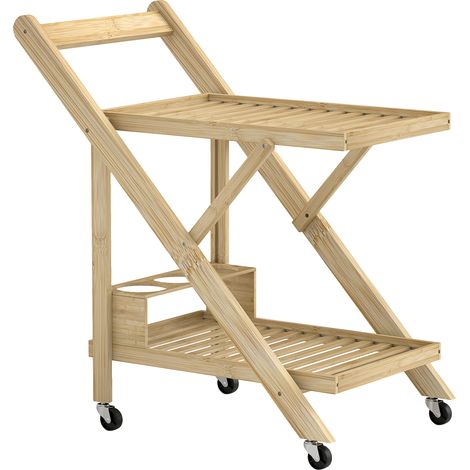 Carrello da cucina in bambù con portabottiglie, 2 ripiani, 66 x 40 x 70 cm, naturale (1/4)