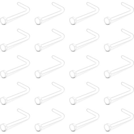 20 clous de nez acrylique, forme L et tige droite, calibre 20G, 7 mm, tête plate 2 mm, transparents, discrets pour école ou travail (1/5)