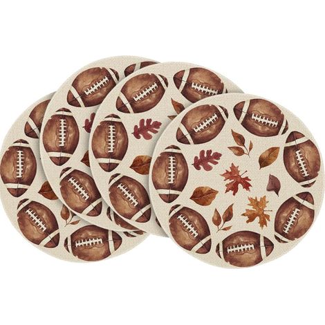 Lot de 4 sets de table ronds de 35,5 cm (14 pouces) à motifs de feuilles, sur le thème de l'automne (football et rugby), pour la décoration de table. (1/5)
