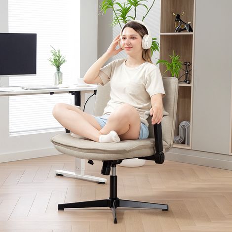 Chaise de bureau pivotante à pieds croisés, accoudoirs relevables, assise large, sans roulettes, réglable en hauteur, couleur crème. (1/5)