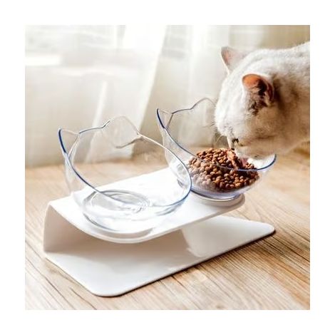 Gamelle double pour chat/chien en plastique transparent - Taille moyenne - Ronde - Usage intérieur - Repas (1/5)