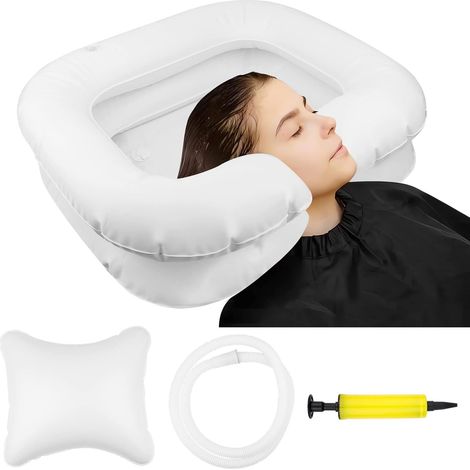 Lavabo Gonflable pour les cheveux chevet, Portable Bac à shampoing Bassin Bac a Shampoing Domicile avec Petit oreiller et Tube de Drainage pour Laver Les Cheveux, Alitées 60 55 22cm Blanc (1/5)