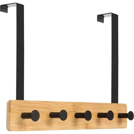 Patère de porte à suspendre 5 crochets – En bambou naturel et acier au carbone – Pour manteaux, sacs et peignoirs – Installation facile (1/5)