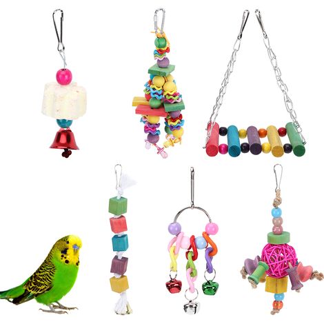 Balançoire suspendue pour perroquets et oiseaux, cloche Sepaktakraw, pendentif en bois, jouet à mâcher, accessoire de Cage pour animaux de compagnie, 6 pièces (1/5)