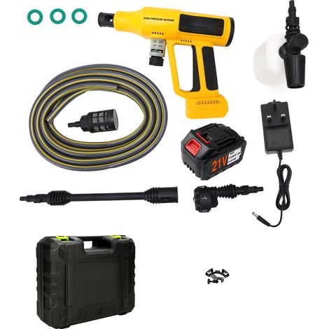 Nettoyeur haute pression sans fil 1000 PSI sans balais avec chargeur de batterie 21 V 4,0 Ah, buse 6 en 1, tuyau épais de 5 m, 4 vitesses, affichage LED, prise britannique, jaune (1/5)