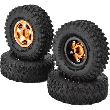 4 pneus en caoutchouc de 2,5 cm (1 pouce) avec jantes en alliage d'aluminium compatibles avec Axial SCX24 90081 AXI00001 AXI00002 1/24 Crawler CarGold (1/5)