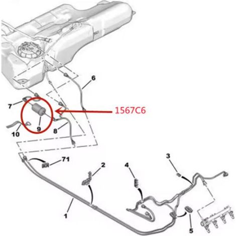 Le filtre à carburant 1567C6 convient aux véhicules Peugeot et Citroën. Il est doté d'un boîtier en plastique, d'un filtre en papier intégré et filtre les impuretés de l'essence. (1/4)
