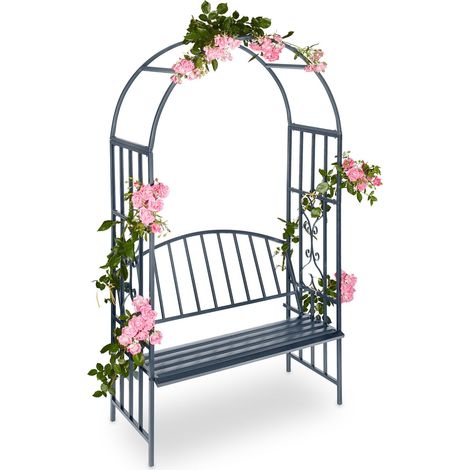 Relaxdays Rosenbogen mit Bank, robustes Metall, 2-Sitzer Deko-Gartenbank, Rankhilfe, HxBxT: 205 x 115 x 50 cm, Anthrazit (1/5)