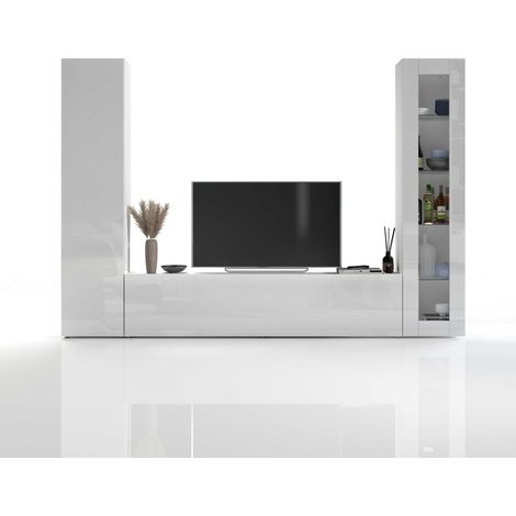 WHOUS - Parete Attrezzata MARUSKA 3 Mobili - 1 Colonna Armadio con Anta Battente, 1 Vetrina con Anta a Telaio in Vetro, e 1 Mobile TV - Set da Soggiorno Bianco
