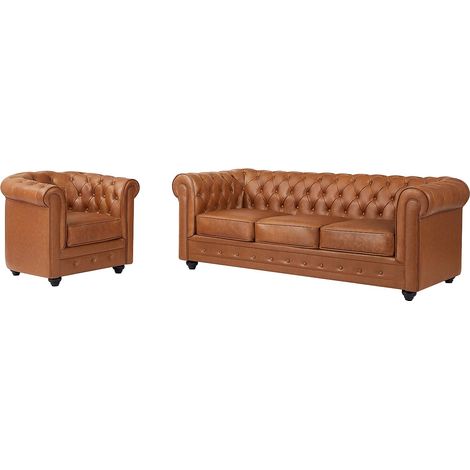 Canapé 3 places et fauteuil en cuir de vachette camel CHESTERFIELD