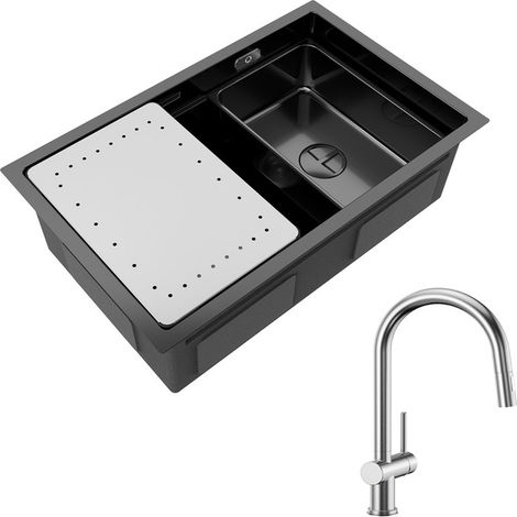 Cecipa Évier Cuisine 1 Bac Noir avec Egouttoir et Vasque Évier à Encastrer 70×44×21CM + Mitigeur de Cuisine en Inox Brossé avec Douchette Extractible (1/5)