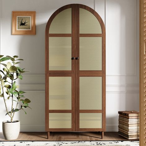 Kleiderschrank 80 x 50 x 179 cm mit Kleiderstange, Schublade und Rattantür, Walnuss OKMYHOME (1/5)