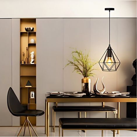 Suspension Lumineuse Forme Diamant Métal Noir - Douille E27 - Sans Ampoule - Style Industriel Brut (1/3)