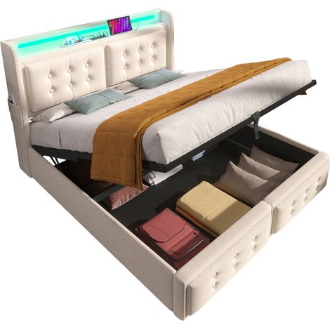 CAIziLit rembourré 140x200 cm beige, LED, USB-C, lit coffre, matelas inclus (1/5)