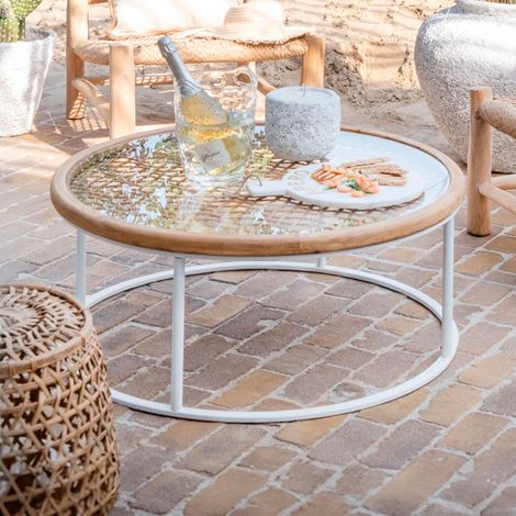 Table basse ronde 90x36 cm en verre, sapin et métal blanc - ILUZ