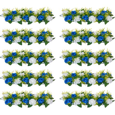 VEVOR Composition Florale Artificielle Lineaire, Lot de 10, Fleurs Artificielles avec Roses Bleues et Blanches, pour Centre de Table, Mariage, Fete, Saint-Valentin, Decoration deInterieur, 50x22x12 cm
