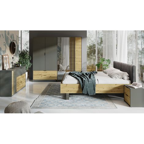 Schlafzimmer Komplett Set 4-teilig mit Bettgestell 160x200 cm modern in grau mit Eiche RAGUSA-166 (1/5)