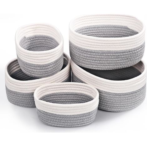 Juego de 5 cestas apilables, blancas y grises, para baño, cocina o almacenamiento infantil. (1/5)