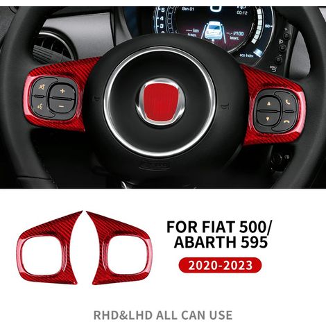 (Rouge) Autocollant en fibre de carbone véritable rigide compatible avec les boutons de volant et les garnitures intérieures des Fiat 500 Abarth 595 (2020-2023). (1/5)