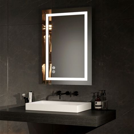 EMKE LED Bathroom Mirror Bluetooth Bathroom Mirror with Shaver Socket Dimmable Backlit Cosmetic Mirror with Demister, Fuse, 50x70CM