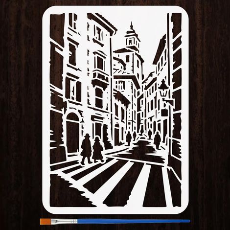 Pochoirs Scène Urbaine Avec Pinceau 21x29,7cm Pochoir Vue De La Ville Format A4 Gabarits Dessin Paysage Urbain Pour Peinture Sur Bois Mur Projets Déco Maison DIY (1/5)