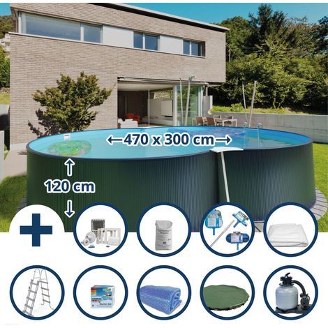 Stahlwandpool Set (10-teilig) hoch achtform 470x300x120 cm, Stahl 0,4 mm anthrazit Folie 0,4 mm blau (1/5)