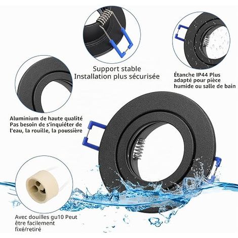KYOTECH Lot de 4 Spot Encastrable IP44 GU10 LED Cadre Rond Noir pour Salle de Bain Spots de plafond 68mm - avec Douilles GU10 pour Lampes Halogènes MR16 et Modules LED (1/4)