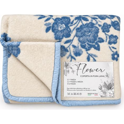 Coperta Flower Azzurra in Pura Lana con Bordino in Velluto, Calda e Morbida, Design Classico, Made in Italy 1 PIAZZA E MEZZA (1/5)