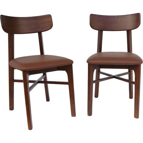 sweeek - 2er-Set Stühle aus Hevea-Holz und Kunstleder Nussbaumfarben / Braun