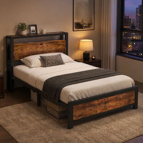 MEUBLIV Cama 90x200 cm negra, estructura metálica con cabecero de almacenaje, sin colchón (1/5)