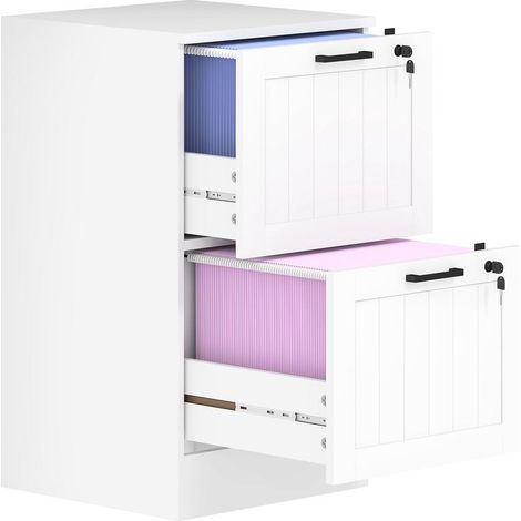 Classeur blanc 2 tiroirs avec serrures et rails de suspension réglables pour format A4, meuble bureau fonctionnel