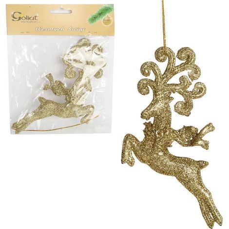 Ciondolo decorativo a forma di renna con glitter, 18 cm, color oro. (1/4)