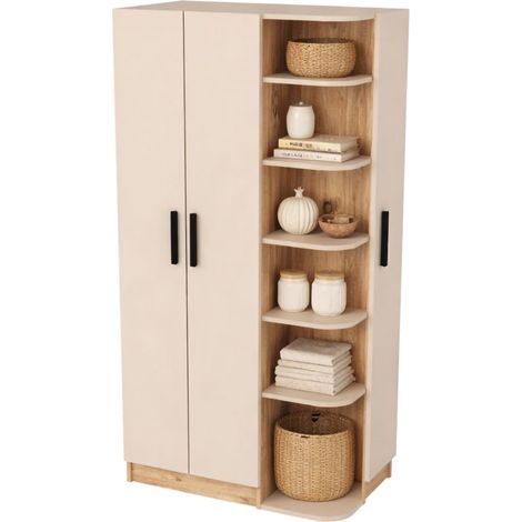 Kleiderschrank 3-türig Cusago, Schlafzimmer-Schrank mit 10 Regalen, Kleiderstange, Drehtür, 90x50 cm Beige