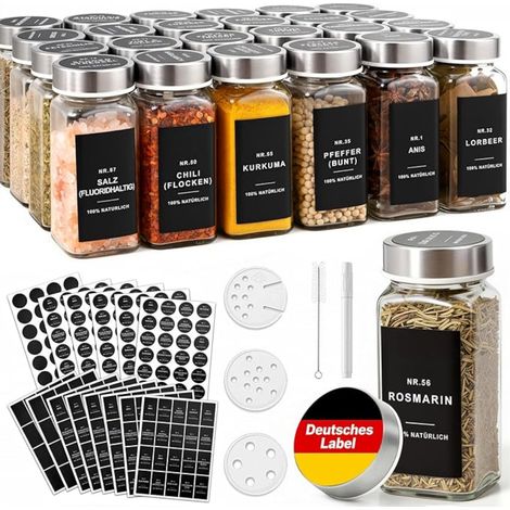 Bocaux à Épices Carrés 120 ml avec Couvercles Inox, Étiquettes (1/5)