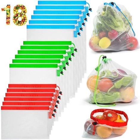 Sac reutilisable Fruit Legume,18pcs Rangement frigo pochon Tissu Congelation Filet a Vrac de Course Alimentaire Fruits et légumes (1/4)