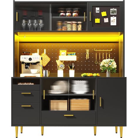 Buffet de cuisine noir 140x40x180cm, armoire de cuisine 180cm avec portes coulissantes en verre et éclairage LED (1/5)