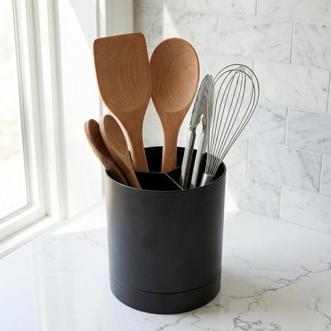 Porte-Ustensiles De Cuisine Moderne 16,5 x 14,5 cm, Organisateur d'Ustensiles De Cuisine, Support Rotatif à 360°, Récipient à Ustensiles Noir avec Base Antidérapante (1/5)