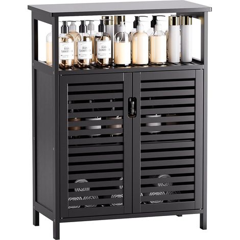 Meuble Salle de Bain Bambou, Armoire Bas Salle de Bain Rangement avec 2 Portes et Compartiments Ouverts, Meuble de Sol Autoportant pour Salon, Cuisine, Entrée, Noir (1/5)