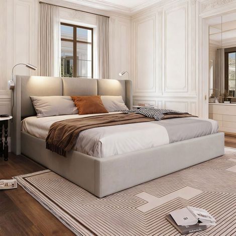 Letto contenitore 160x200 cm - Lino beige - Lampada da lettura - Porte USB - Magazzinaggio idraulico