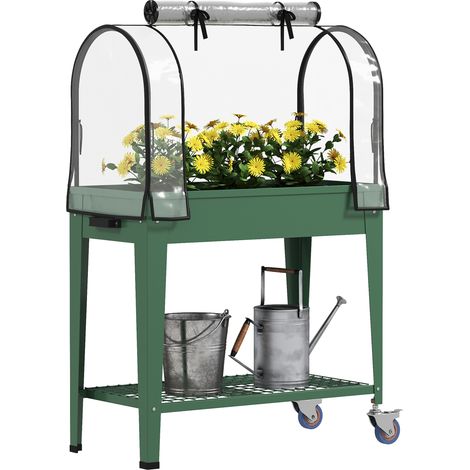 Outsunny huerto urbano elevado con ruedas, mesa de cultivo con cubierta y estante inferior para cultivo, plantas, verduras, 80x40x120 cm, verde