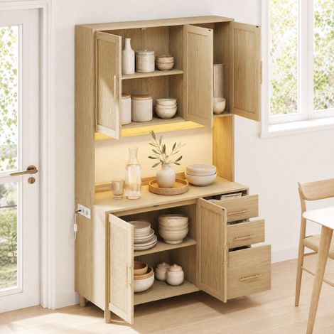 Aparador de cocina 183 cm con LED por app, 2 USB, 2 enchufes, 3 cajones, MDF natural HAVRYA (1/5)