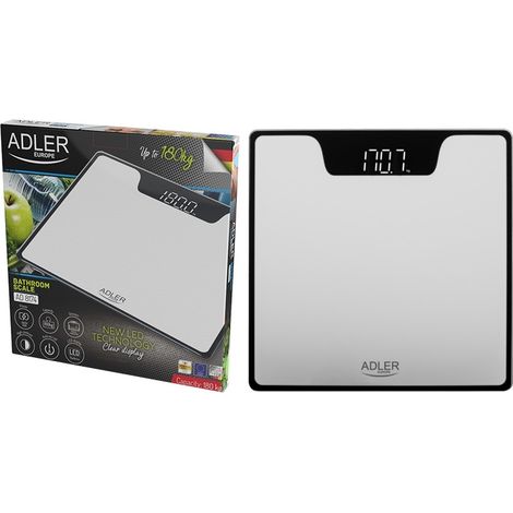 Adler AD8174S Báscula de Baño Digital Alta Precisión 180Kg, Pantalla LED Apagado Automático, Vidrio Templado Plata (1/5)