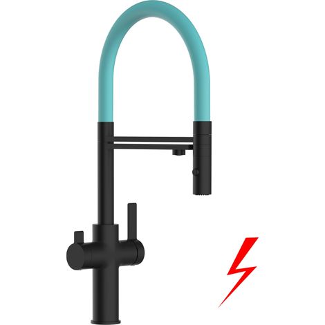 NIEDERDRUCK 3 Wege Wasserhahn Küchenarmatur Spültischmischer, Schwarz Matt mit 360° schwenkbarem Auslauf, abnehmbare 2 strahl Handbrause, Flex-Schlauch oben in Tiffany - VZFC Linie (1/5)