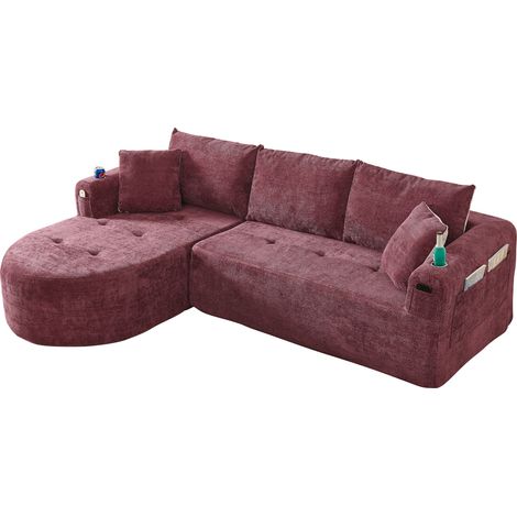 GagaCanapé d'angle en L type nuage, sans montage, avec porte-gobelet en acier inoxydable, revêtement en lin respirant et poches latérales, rouge bordeaux (1/5)