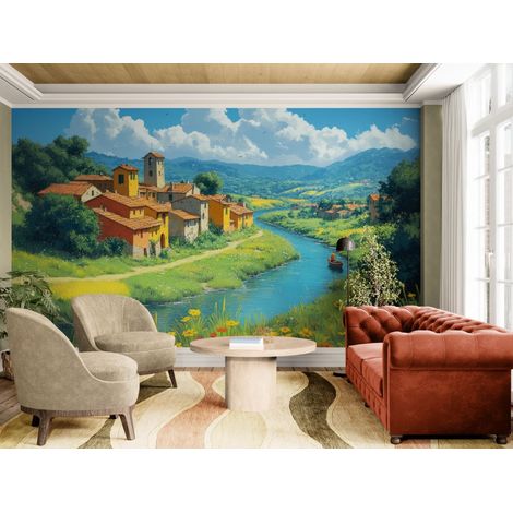 Papier peint paysage village mediterraneen au bord de leau - 150 x 250 cm (1/2)