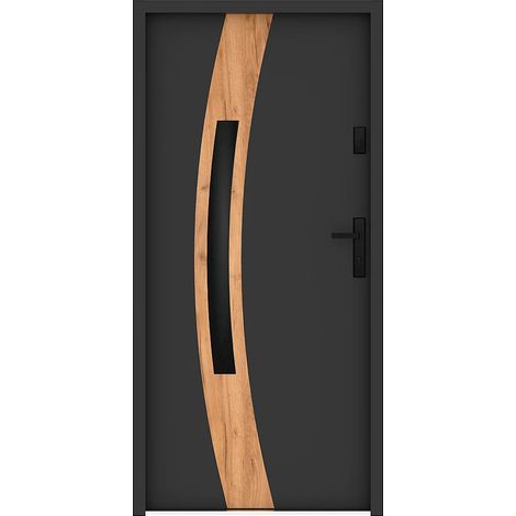 Vente-Unique – Porte d'entrée acier vitrée 207 x 100 cm – Verre fumé – Anthracite – Effet chêne – Épaisseur 55 mm – Poussant gauche – 2 points de verrouillage (1/5)