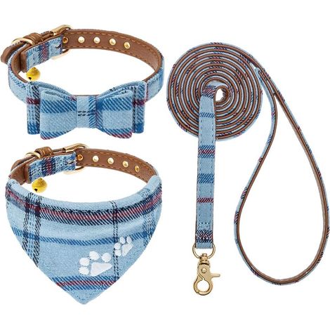 Ensemble Collier et Laisse pour Chien – Collier Bandana Classique à Carreaux avec nœud Papillon et Empreinte de Patte pour Chien avec Jolie Clochette, sans nœuds, Colliers réglables pour (1/5)