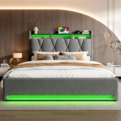 Letto contenitore imbottito in velluto grigio scuro 160x200 cm con LED, testiera con vano e mensola, USB-C e rete a doghe (1/5)